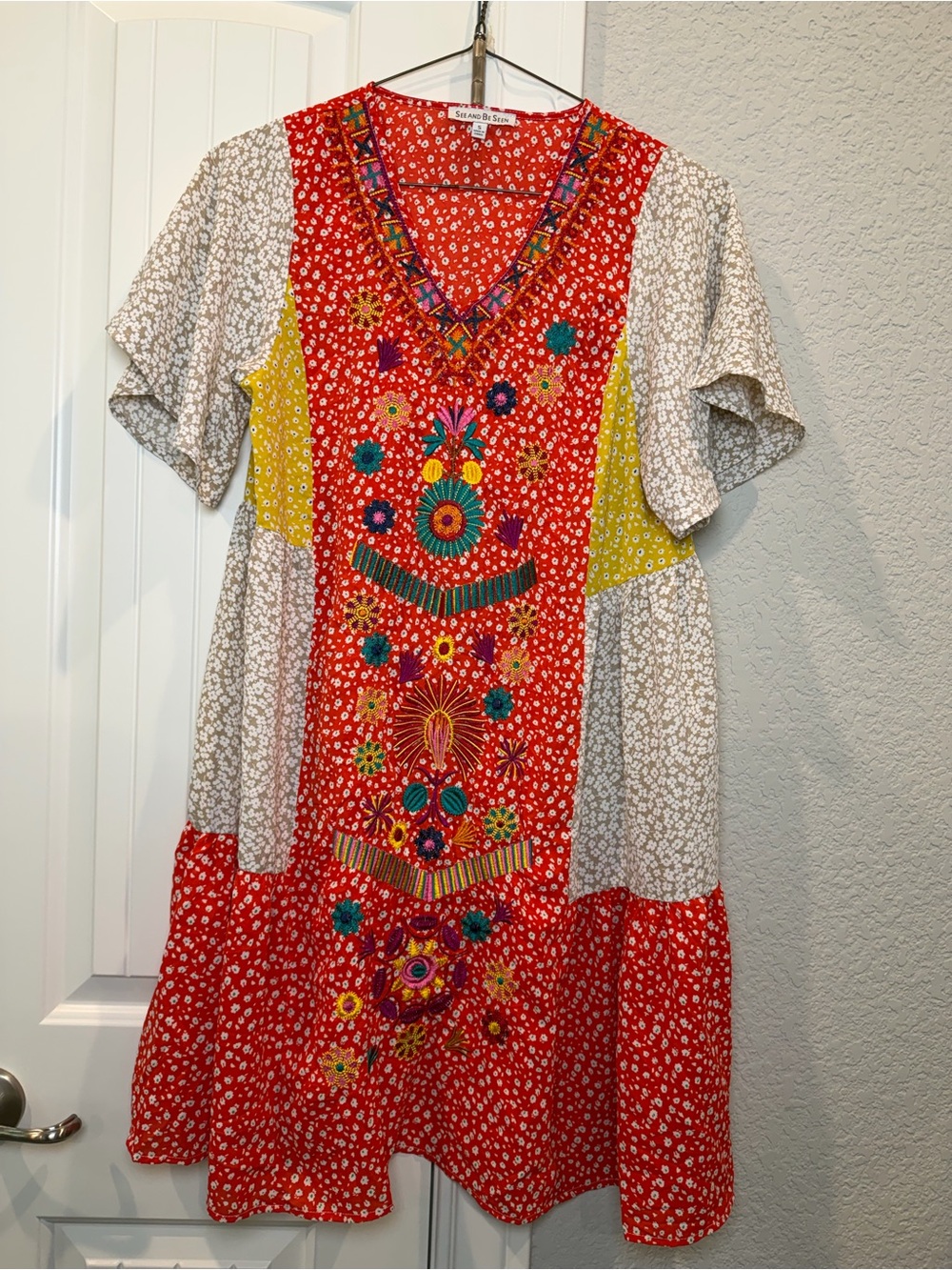 See & Be Seeb Boho  Red Floral Embroidered Casual Dress